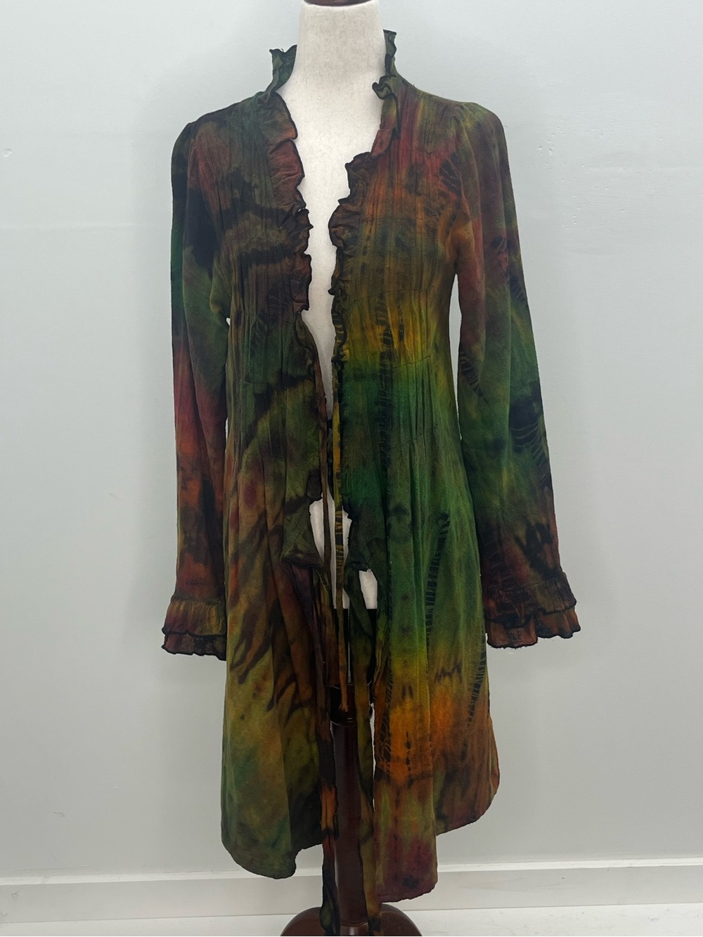 Sister Moses Green Tie Dye Ruffle Open Front Long Tunic Cardigan Dress Medium